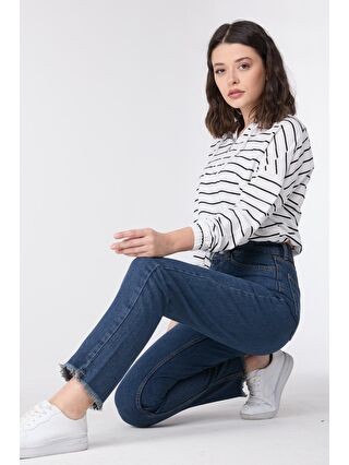 TOFİSA Orta Kadın Kahverengi Yüksek Bel Paça Püsküllü Mom Jeans - 23670