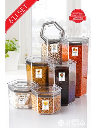 Nandy Home Renksiz 6 Lı Set Etiketli Silikon Contalı Altıgen Erzak Saklama Kabı Seti