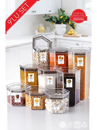 Nandy Home Renksiz 9 Lu Set Set Etiketli Silikon Contalı Altıgen Erzak Saklama Kabı Seti