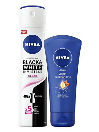 NIVEA Kadın Sprey Deodorant Black&White Invisible Clear 150 ml Ne mlendirici El Bakım Kremi 75 ml