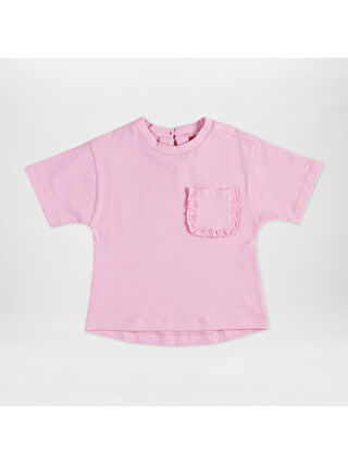 Panço Pembe Kız Çocuk Cebi Fırfır Detaylı T-Shirt