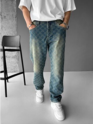 ablukaonline Baggy Fit Textured Fabric Distressed Jean Buz Mavi