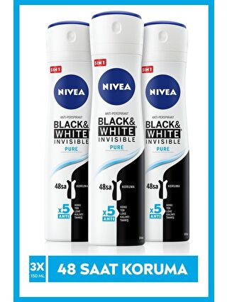 NIVEA Invisible Black&White Pure Kadın Sprey Deodorant 150 ml X3 Adet, 48 Saat Anti-Perspirant Koruma