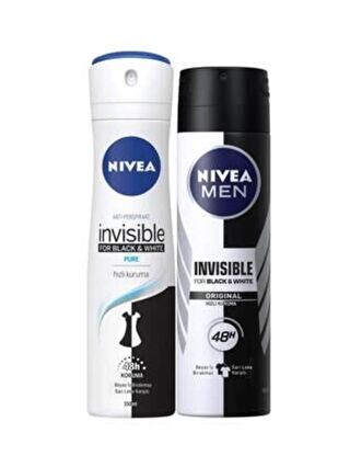 NIVEA Black&White Pure Kadın Deodorant Sprey 150 ml+ B&W Original Erkek Deodorant Sprey 150 ml