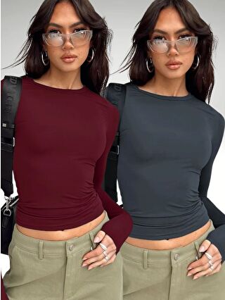 Trendseninle Karışık Bordo Füme Bisiklet Yaka Basic Uzun Kollu Body 2'li Set