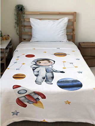 EVMİLA Karışık Astronot Desenli Soft Baskılı Tek Kişilik 150x220 Cm Battaniye - Beyaz