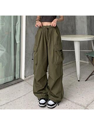 Touz Moda Haki Yeşil Tactical Paraşüt Kumaş Kargo Cepli Oversize Unisex Pantolon