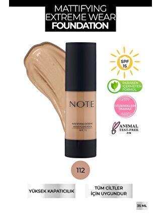 Note Cosmetique Mattifying Extreme Wear Mat Bitişli SPF 15 Kapatıcı Fondöten 112