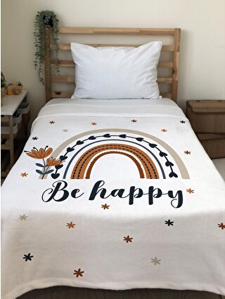 EVMİLA Karışık Gökkuşağı Be Happy Desenli Soft Baskılı Tek Kişilik 150x220 Cm Battaniye - Beyaz