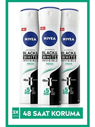 NIVEA Invisible Black&White Fresh Sprey Deodorant 150 ml X3 Adet, 48 Saat Anti-Perspirant Koruma