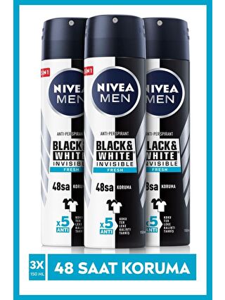 NIVEA Men Invisible Black&White Fresh Erkek Sprey Deodorant 150 ml X3 Adet, 48 Saat Anti-Perspirant Koruma