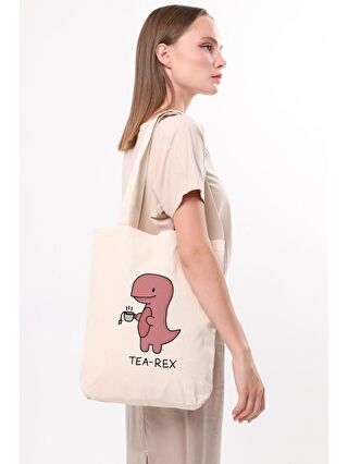 Bagg Ekru Kanvas Tea-rex Baskılı Bez Çanta