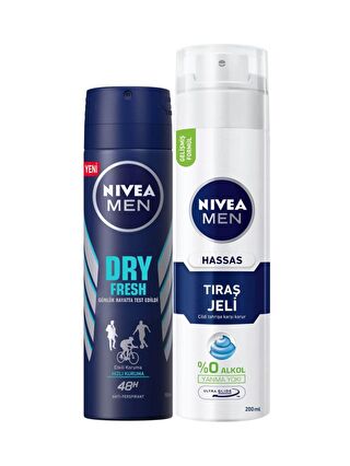 NIVEA Dry Fresh Erkek Deodorant Sprey 150 ml + Tıraş Jeli Hassas Ciltler İçin 200 ml