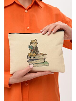 Bagg Clutch Kitap Okuyan Kedi Kanvas Makyaj Çantası