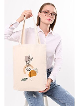 Bagg Ekru Kanvas Draw Art Flower Baskılı Bez Çanta