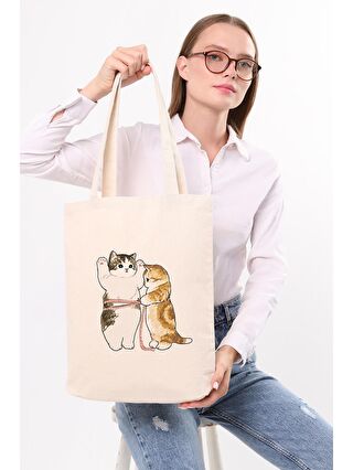 Bagg Ekru Kanvas Cats Size Baskılı Bez Çanta