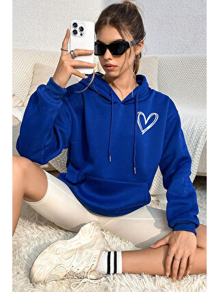 uyguntarz Mavi Unisex Heart Baskılı Oversize Sweatshirt