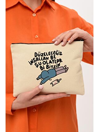 Bagg Clutch Düzeleceğiz Baskılı Kanvas Makyaj Çantası