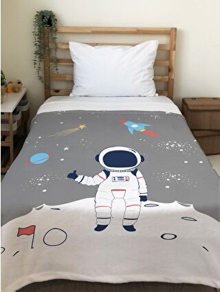 EVMİLA Karışık Astronot Desenli Soft Baskılı Tek Kişilik 150x220 Cm Battaniye - Gri