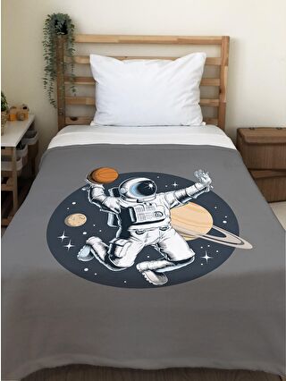 EVMİLA Karışık Astronot Desenli Soft Baskılı Tek Kişilik 150x220 Cm Battaniye - Gri