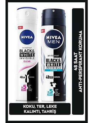 NIVEA Black&White Clear Bayan Deosprey 150 ml+Black&White Fresh Erkek Deosprey 150 ml 2'li Paket