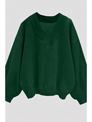 Trendseninle Kadın Yeşil Düz V Yaka Oversize Sweatshirt