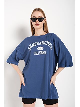 Trendseninle Kadın Indigo Mavi Oversize Sanfrancisco Est.1776 Tişört