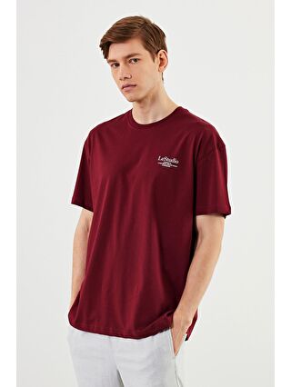 MMETALIC Bordo Leo Erkek Oversize Tshirt %100 Pamuk Bisiklet Yaka Baskı Detaylı Basic Tişört MTLCE86