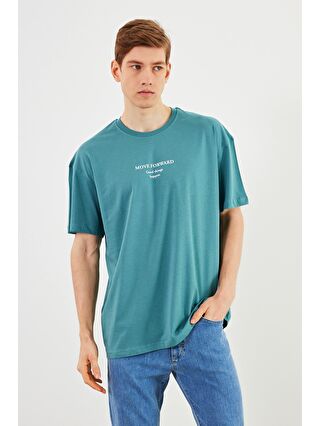 MMETALIC Yeşil Leo Erkek Oversize Tshirt %100 Pamuk Bisiklet Yaka Baskı Detaylı Basic Tişört MTLCE84