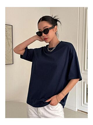 Trendseninle Kadın Lacivert Kind Hearted Baskılı Oversize Tişört