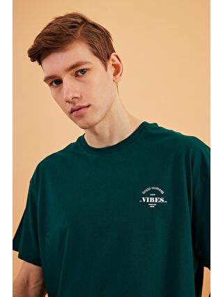 MMETALIC Yeşil Leo Erkek Oversize Tshirt %100 Pamuk Bisiklet Yaka Baskı Detaylı Basic Tişört MTLCE77