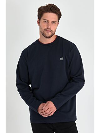 MMETALIC Erkek Lacivert Çift Bisiklet Yaka Baskı Detaylı Standart Rahat Kesim Sweatshirt