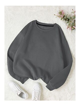 Trendseninle Gri Kadın Füme Düz Bisiklet Yaka Sweatshirt