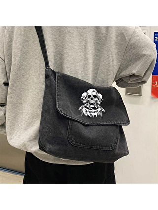 Touz Moda Triple Skull Baskılı Vintage Unisex Gri Postacı Çantası