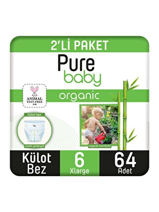 Pure Baby Organik Bambu Özlü Külot Bez 2'li Paket 6 Numara Xlarge 64 Adet