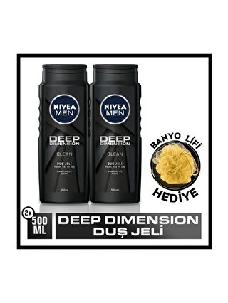 NIVEA Men Deep Dimension Duş Jeli, Vücut, Yüz Ve Saç Şampuanı 500 ml x2 Adet, Banyo Lifi Hediye