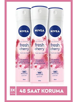 NIVEA Kadın Sprey Deodorant Fresh Cherry, 48 Saat Anti-Perspirant Koruma, 150 ml X3 Adet,