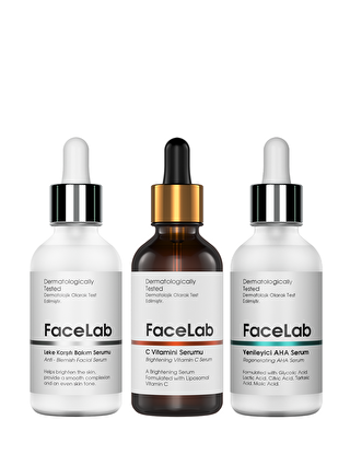 FaceLab 3'lü Cilt Bakım Seti - Yenileyici AHA Peeling Serum + C Vitamini Serum + Leke Karşıtı Serum