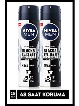 NIVEA Men Black&White Invisible Original Erkek Sprey Deodorant 150 ml x2 Adet, 48 Saat Anti-Perspirant