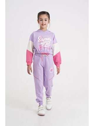 Mışıl Kids Lila Super Girl Baskılı Kapüşonlu Crop Alt Üst Kız Çocuk Eşofman Takımı