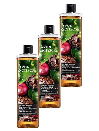 AVON Senses Spiced Pepper Karabiber ve Kakule Kokulu Erkekler için Duş Jeli 500 Ml. Üçlü Set