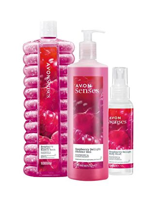 AVON Senses Ahududu ve Frenk Üzümü Kokulu Duş Jeli, Banyo Köpüğü ve Vücut Spreyi Paketi