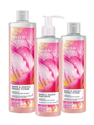 AVON Senses Sweat & Joyful Frezya ve Nar Kokulu Krem Duş Jeli ve Sıvı El Sabunu Paketi