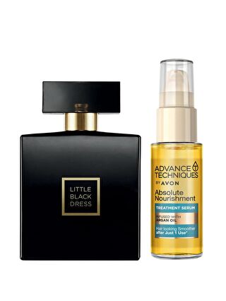 AVON Little Black Dress Parfüm Edp 50 Ml. ve Argan Yağı Içeren Besleyici Saç Serumu 30 Ml. Paketi