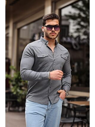 comstar Gri Slim Fit Çıtçıtlı Çift Cep Jean Gömlek