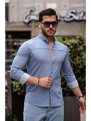 comstar Mavi Düz Çıtçıtlı Slim Fit Jean Gömlek