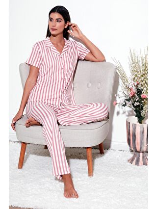 Lela Pembe Desenli Regular Fit Gömlek Yaka Pijama Takımı 65750101