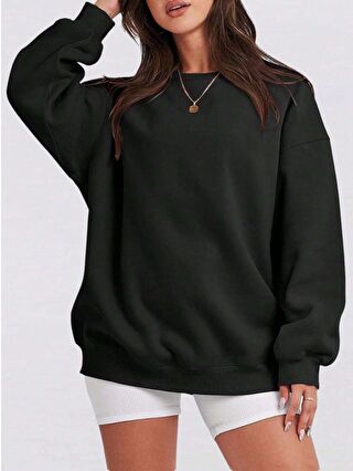 Trendseninle Kadın Siyah Bol Kalıp Bisiklet Yaka Oversize Sweatshirt