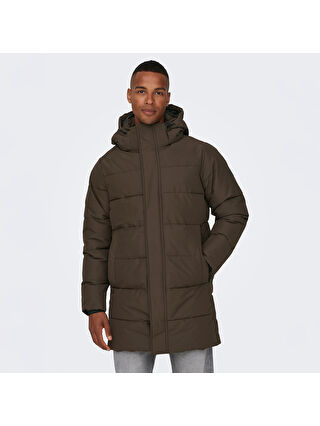 Only&Sons Carl Life Long Quilted Coat Erkek Kahverengi Kapüşonlu Mont