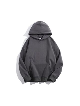 Trendseninle Gri Kadın Füme Düz Oversize Kapüşonlu Sweatshirt